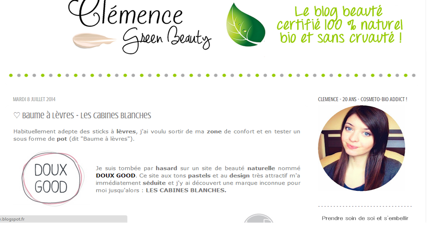Clémence - Green Beauty article sur le site de vente en ligne Doux Good et une beauté au naturel