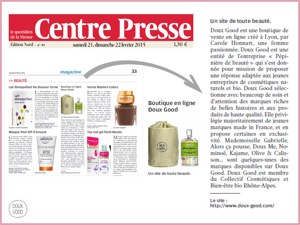 Doux Good, boutique en ligne de cosmétiques bio,  dans Centre Presse - 21 et 22 février 2015