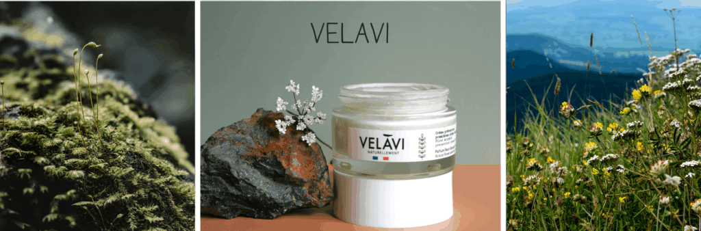 Velāvi : marque de cosmétique bio locale fabriquée en Auvergne. Découvrez ses soins naturels certifiés bio sur Doux Good : gel douche, gommage visage, crème visage
